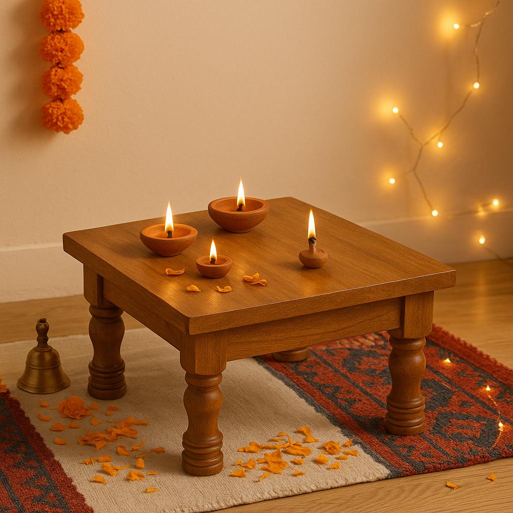 Handcrafted Solid Teak Wood Pooja Chowki | Wooden Bajot | Small Mandir Platform | Plant Stand | Home Décor Table | Made in India