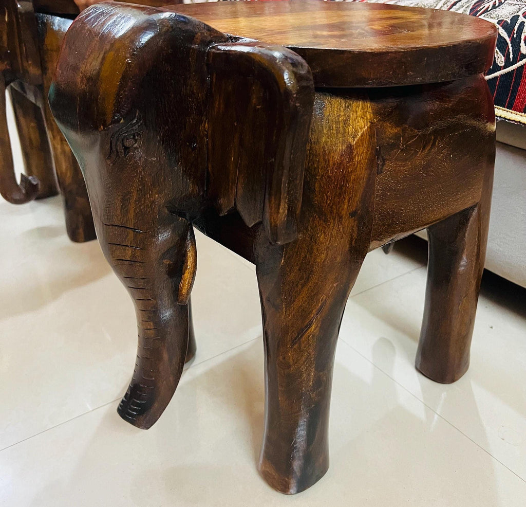 Wooden Elephant Stool - Dark Grain Boho Accent Table