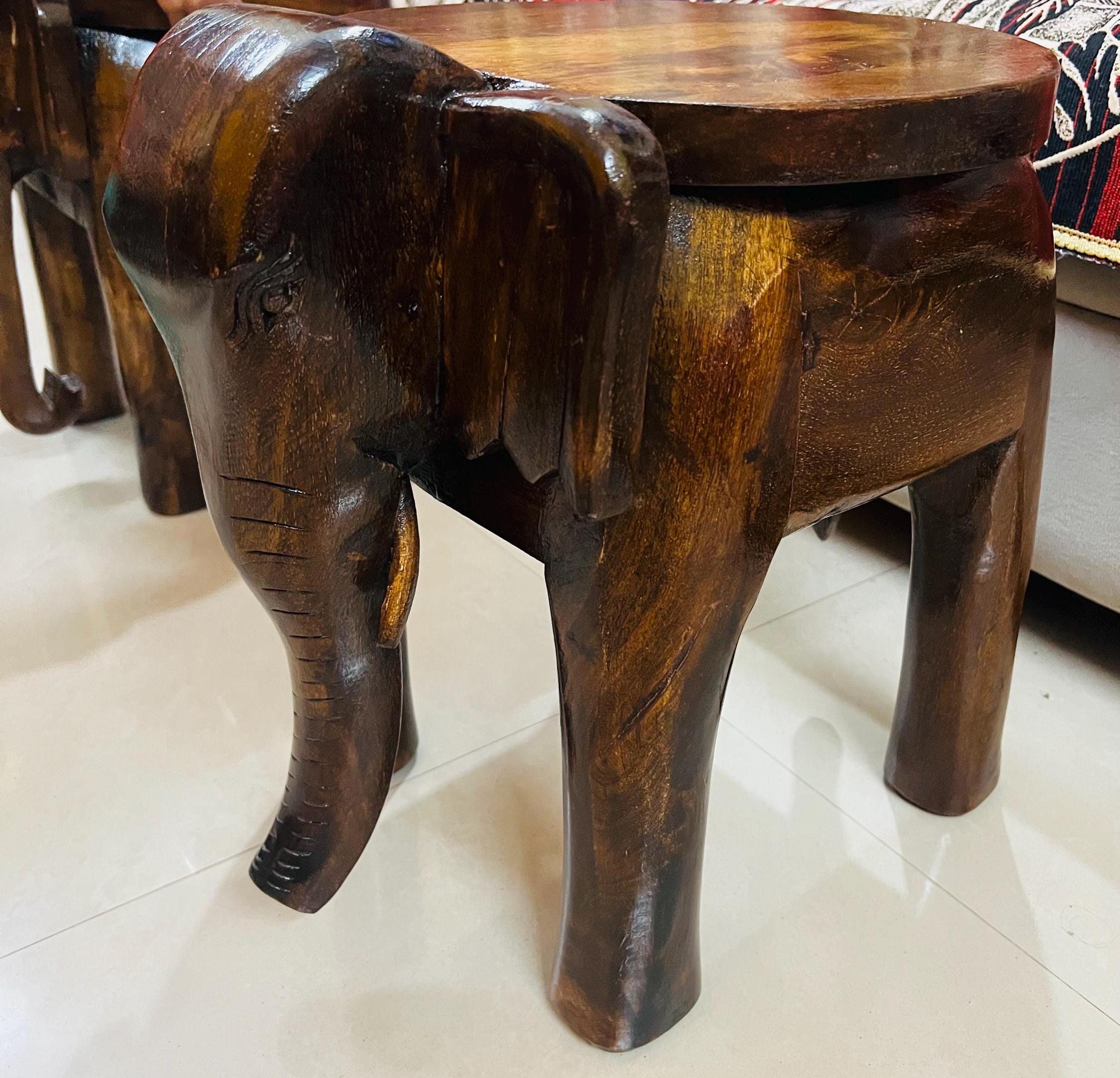 Wooden Elephant Stool - Dark Grain Boho Accent Table