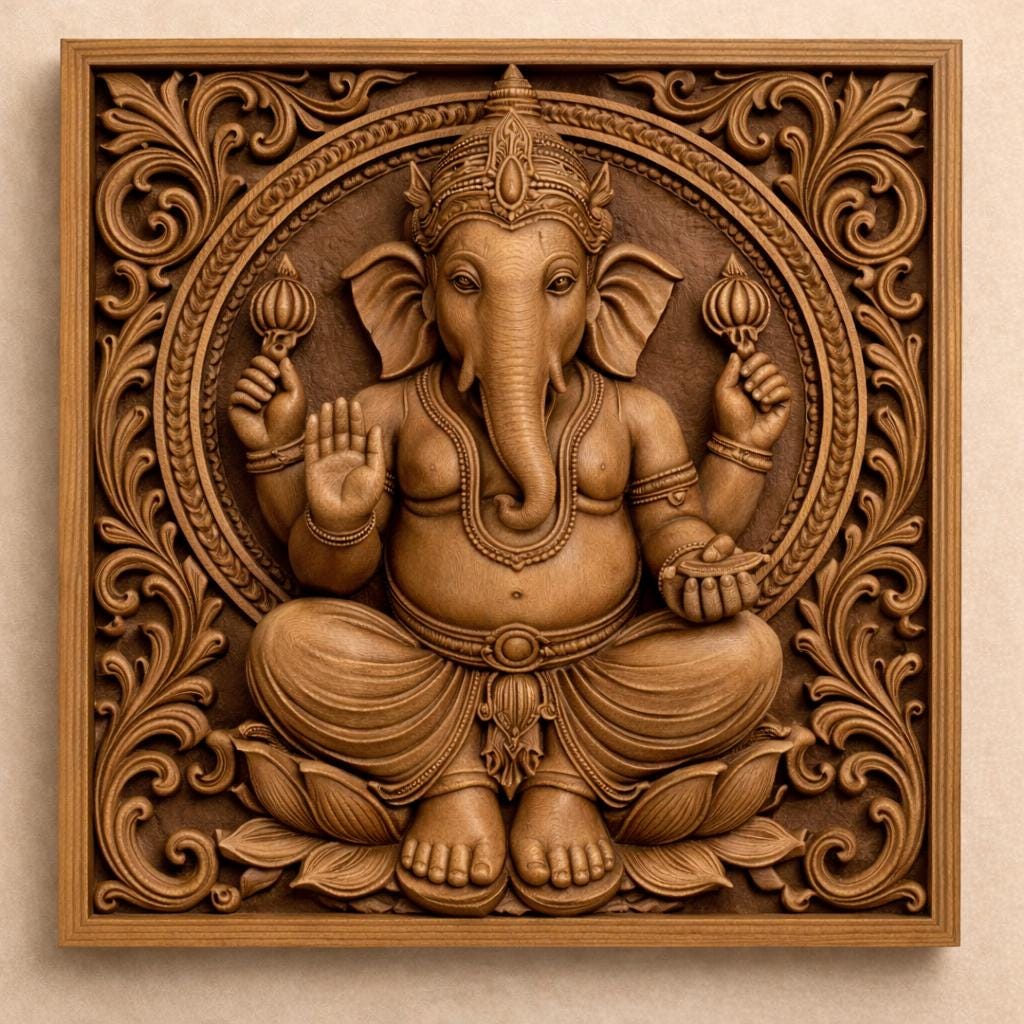 Hand-Carved Wooden Ganesha Wall panel