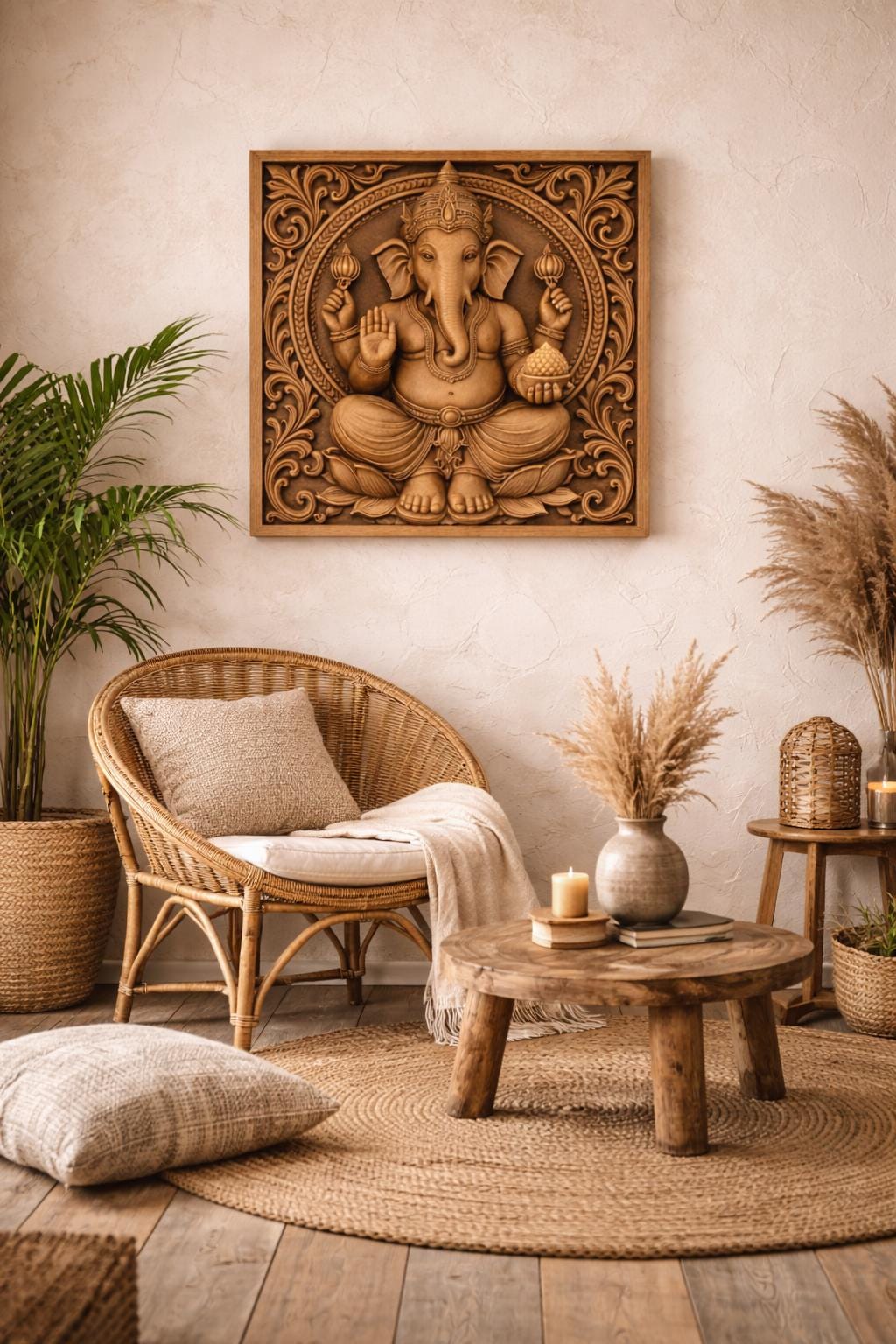 Hand-Carved Wooden Ganesha Wall panel