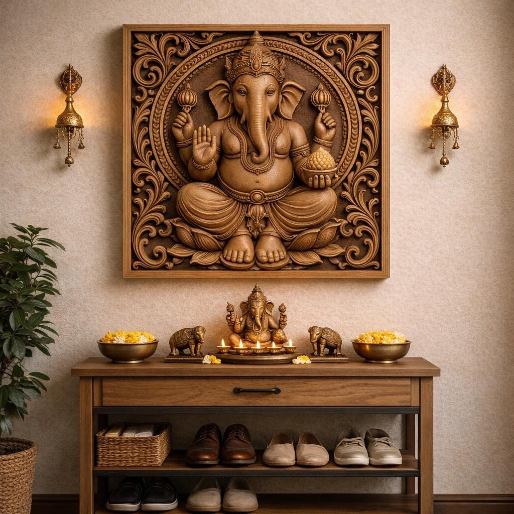 Hand-Carved Wooden Ganesha Wall panel