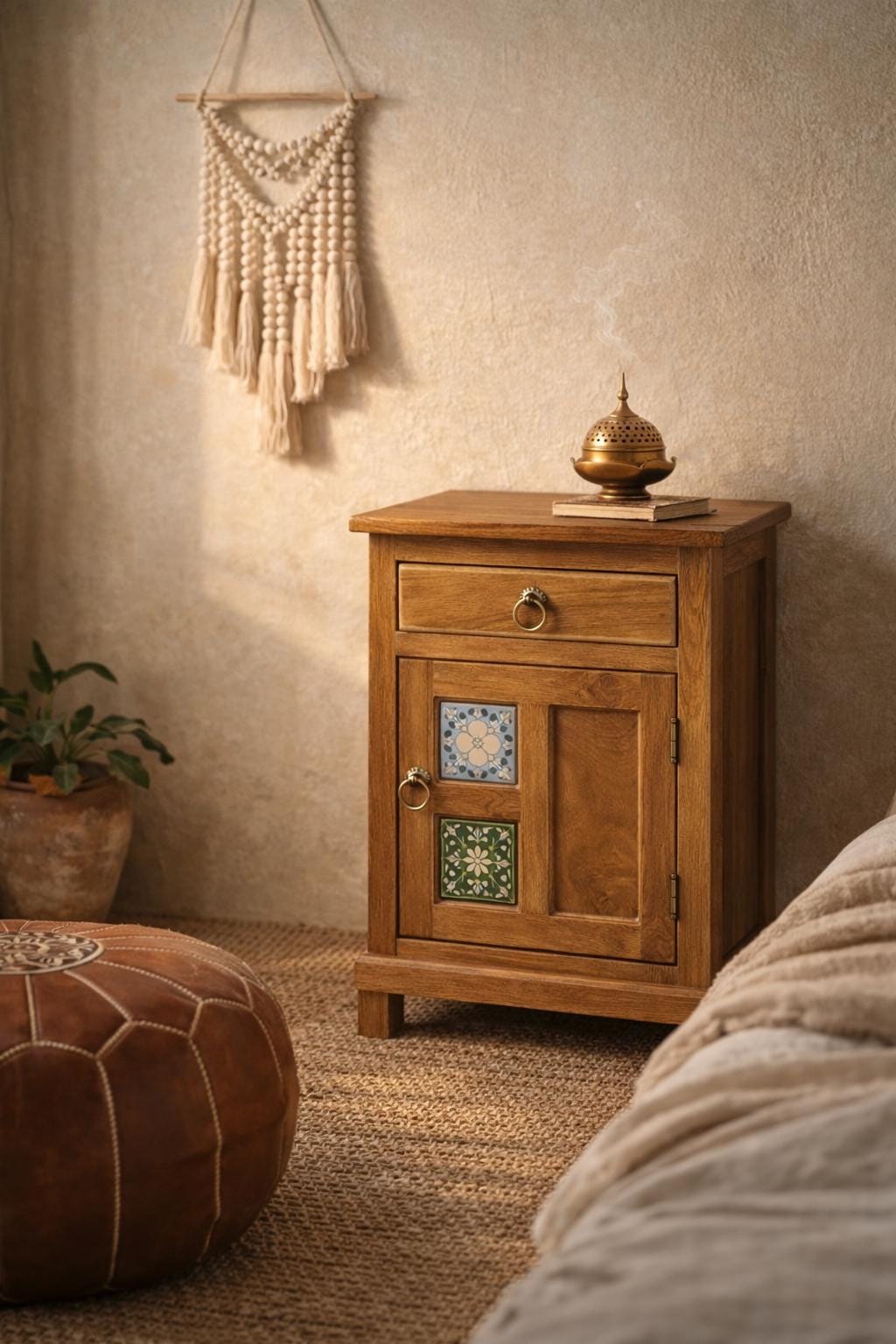 Boho Wooden Bedside Table with Ceramic Tile