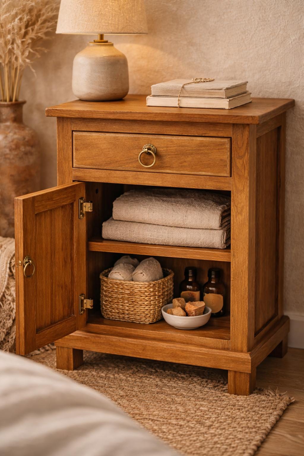 Boho Wooden Bedside Table with Ceramic Tile