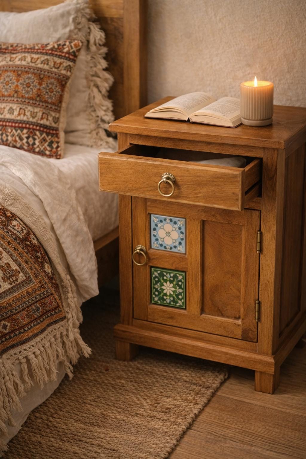 Boho Wooden Bedside Table with Ceramic Tile
