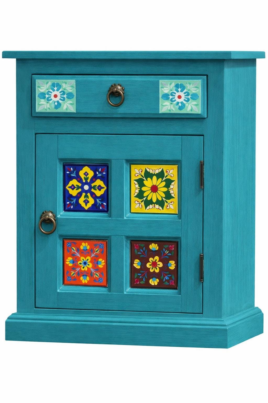 Teal Bedside Table - Hand Painted Tiles