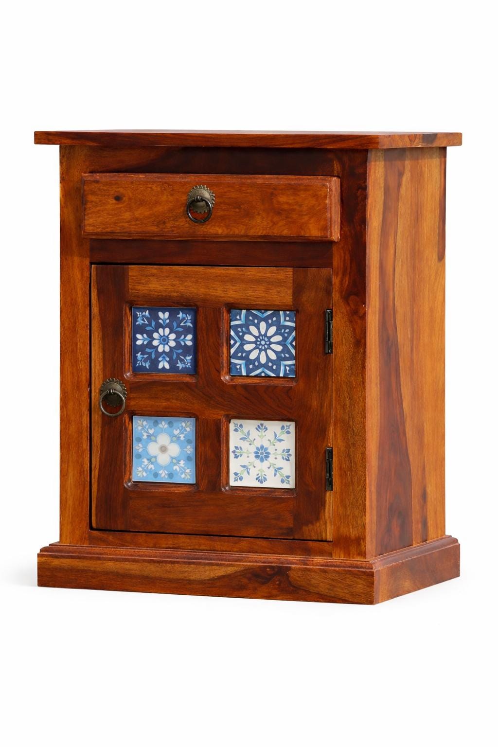 Boho Wooden Nightstand with Drawer and Cabinet