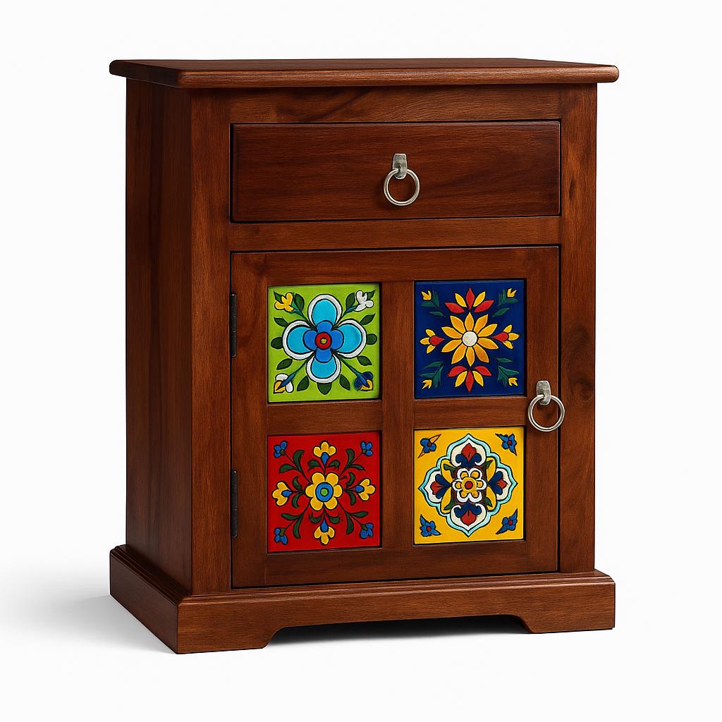 Boho Wooden Nightstand with Drawer and Cabinet