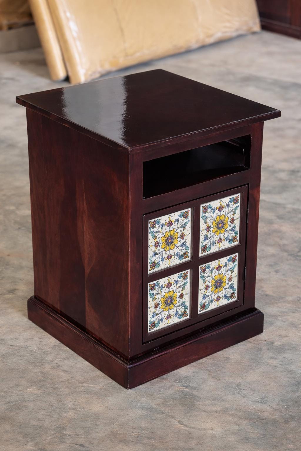 Boho Wooden Nightstand with Drawer and Cabinet