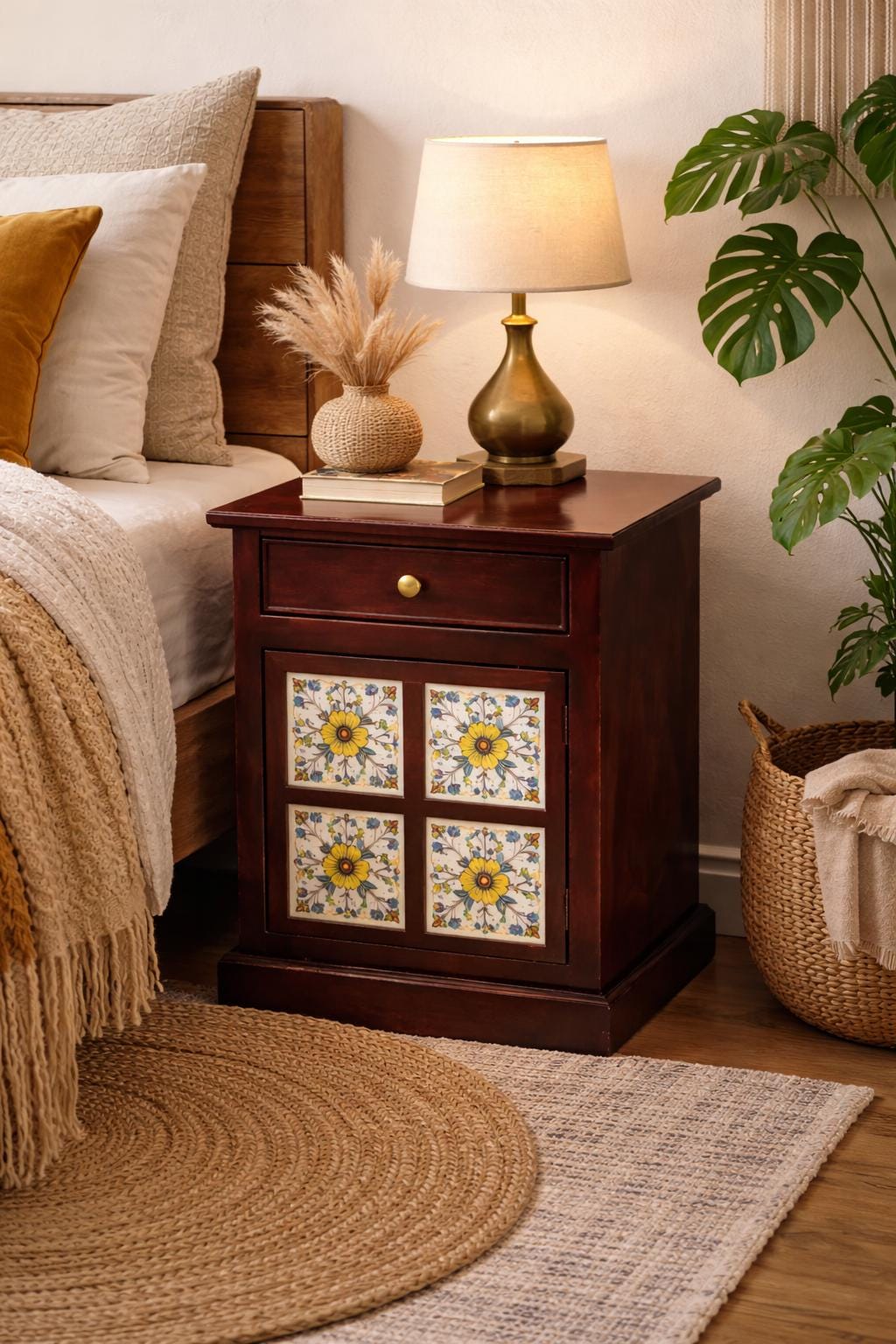 Boho Wooden Nightstand with Drawer and Cabinet