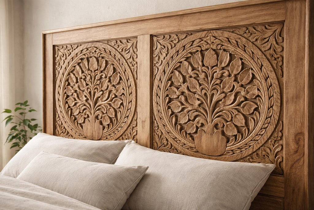 Solid Wood Queen Bed - Tree of Life Carved