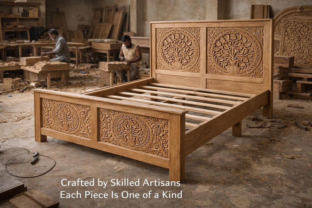 Solid Wood Queen Bed - Tree of Life Carved