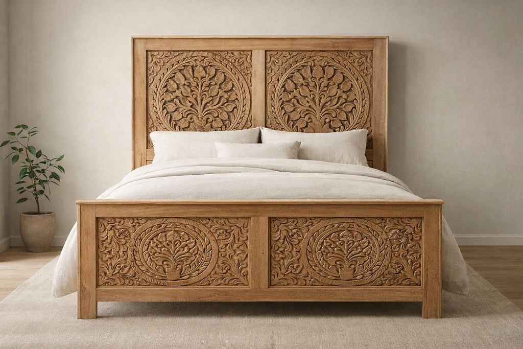Solid Wood Queen Bed - Tree of Life Carved