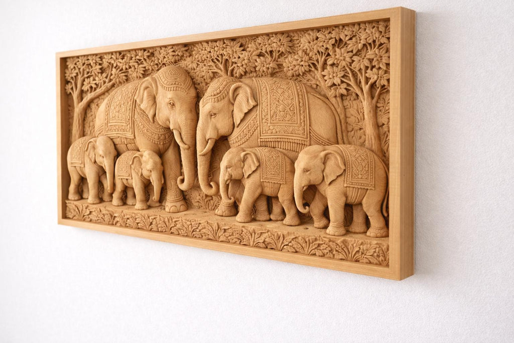 Wooden Elephant Wall Panel - Family Relief Art