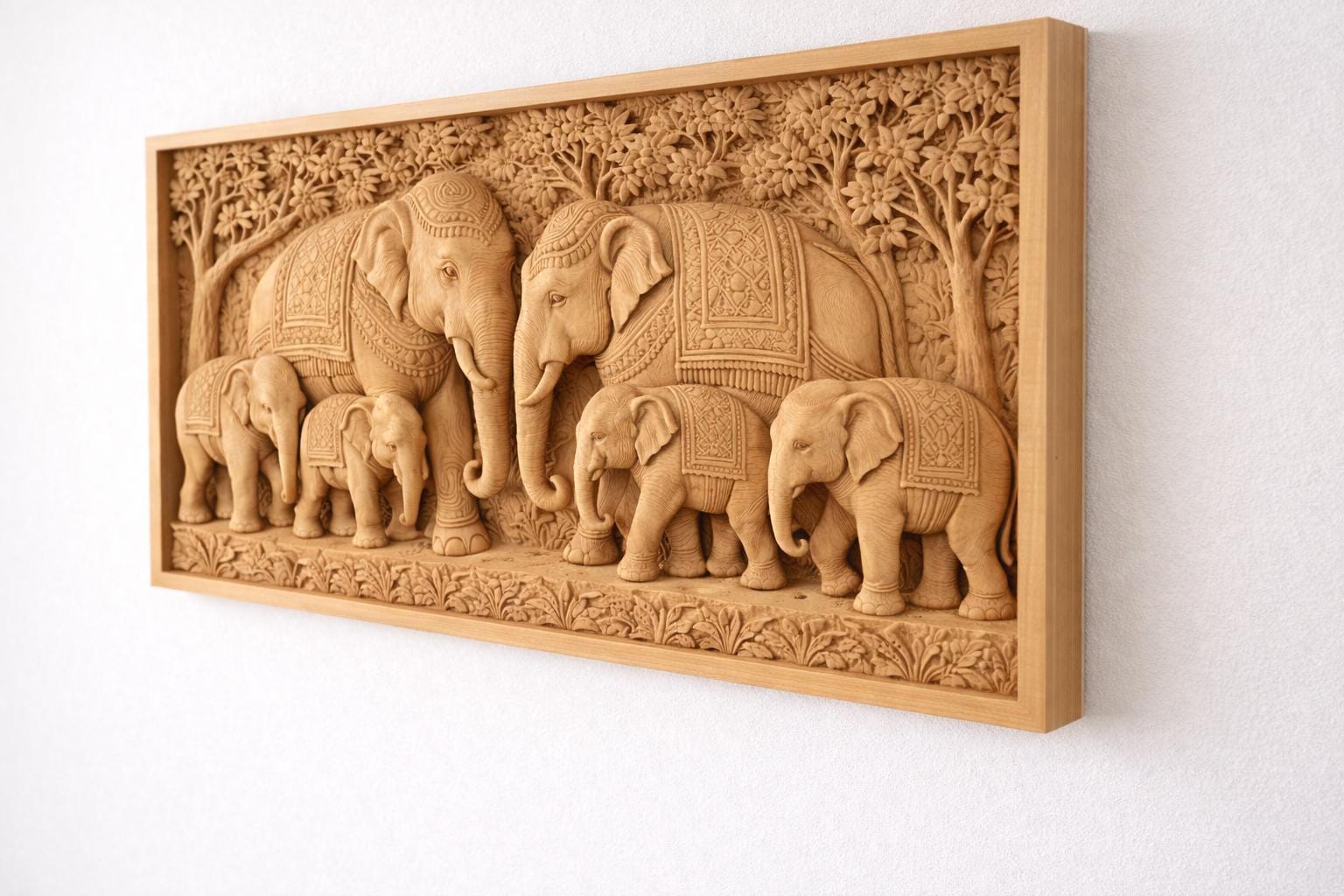 Wooden Elephant Wall Panel - Family Relief Art
