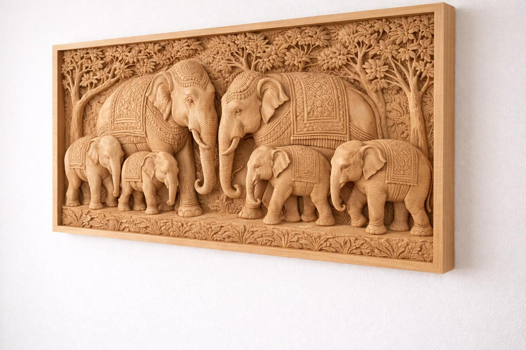 Wooden Elephant Wall Panel - Family Relief Art