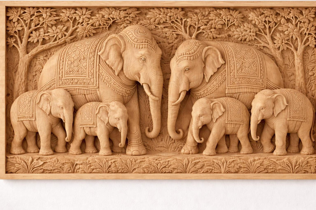 Wooden Elephant Wall Panel - Family Relief Art