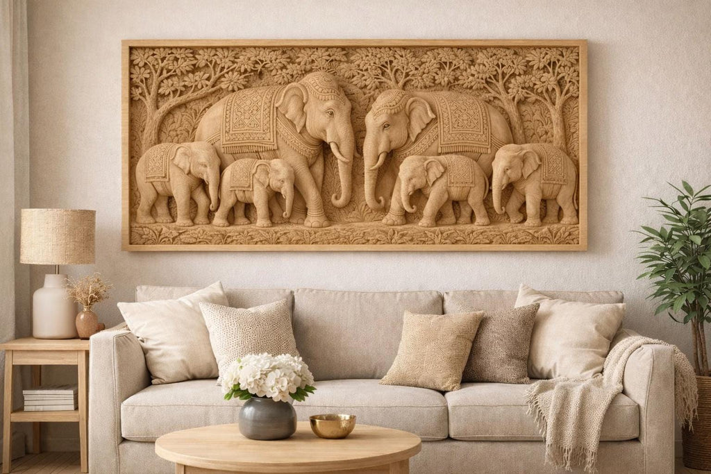Wooden Elephant Wall Panel - Family Relief Art