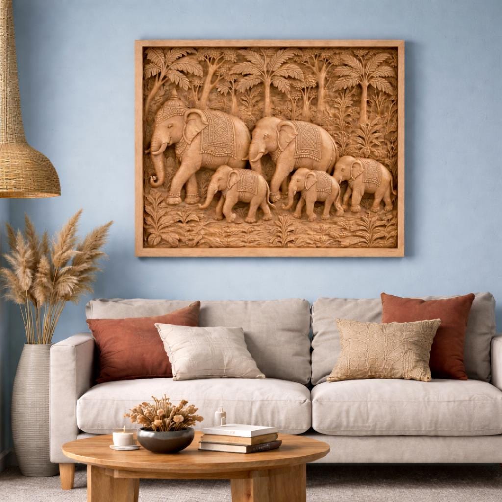 Teak Elephant Parade Wall Panel