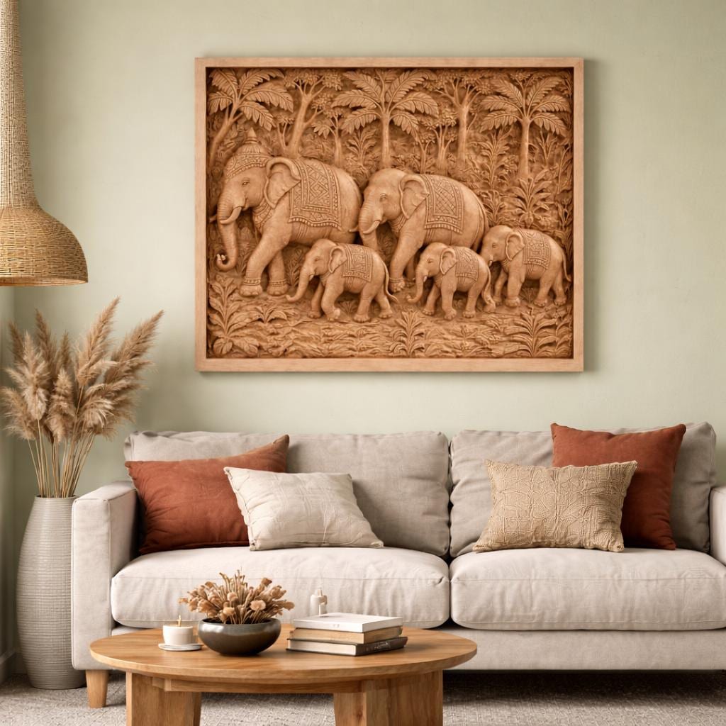 Teak Elephant Parade Wall Panel