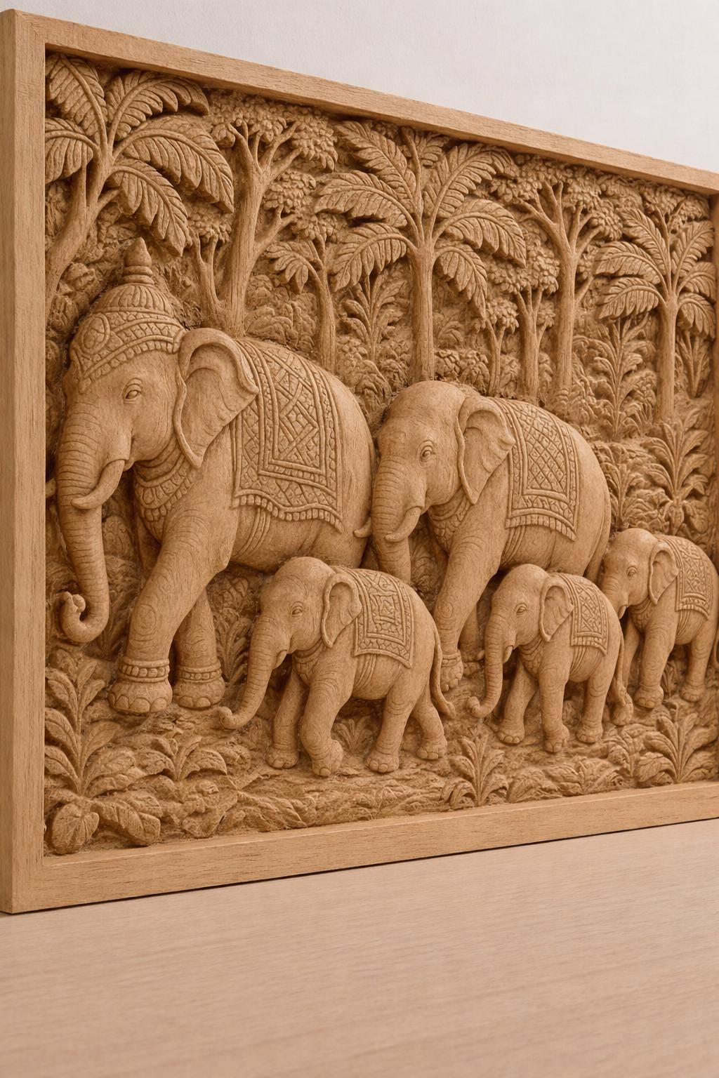 Teak Elephant Parade Wall Panel