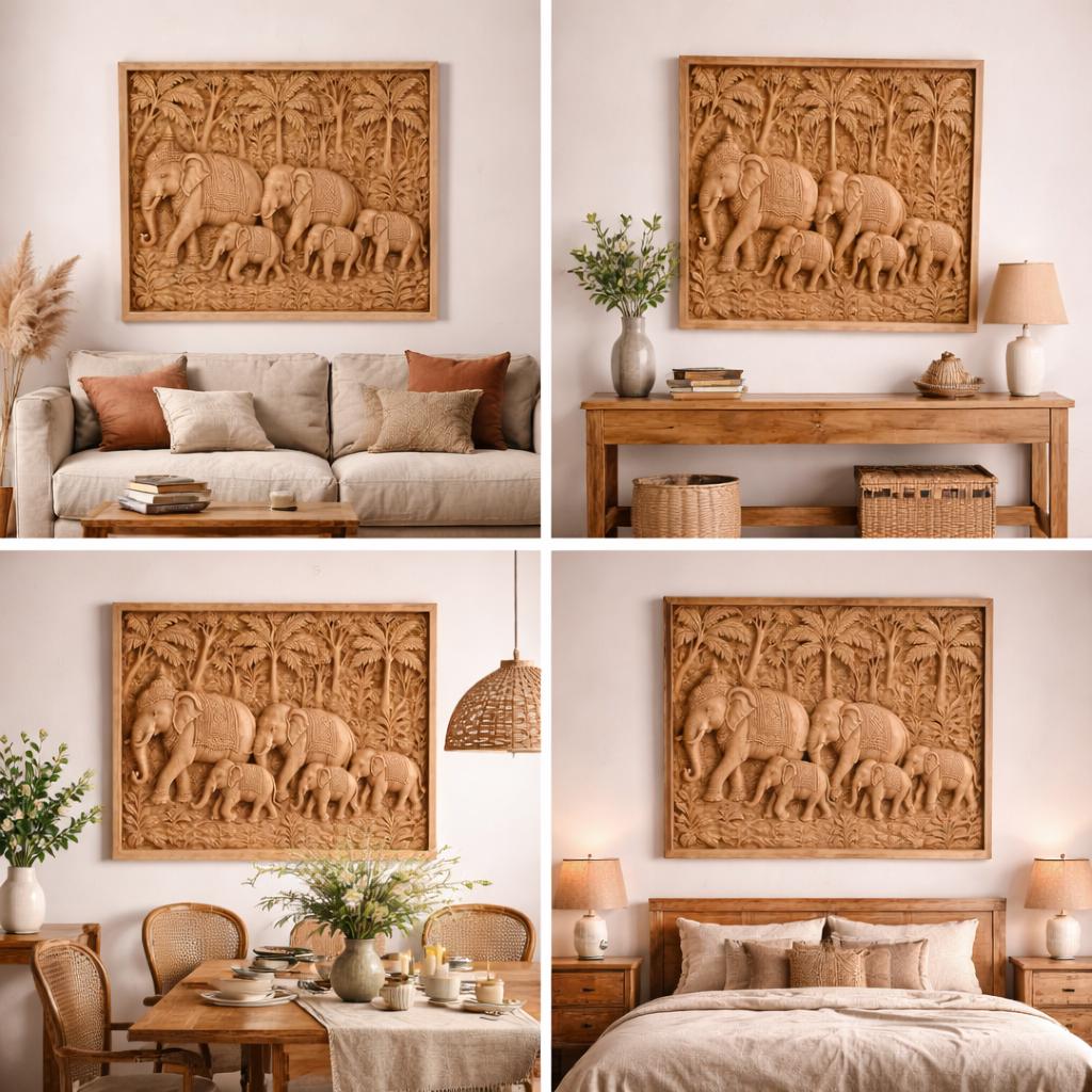 Teak Elephant Parade Wall Panel