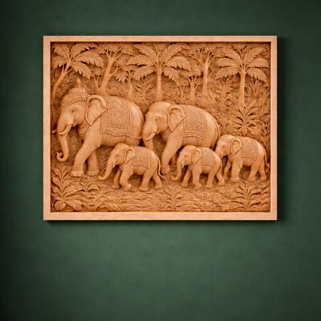 Teak Elephant Parade Wall Panel