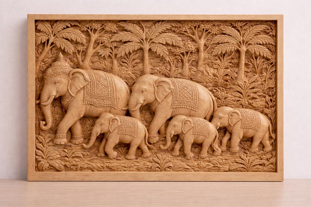 Teak Elephant Parade Wall Panel