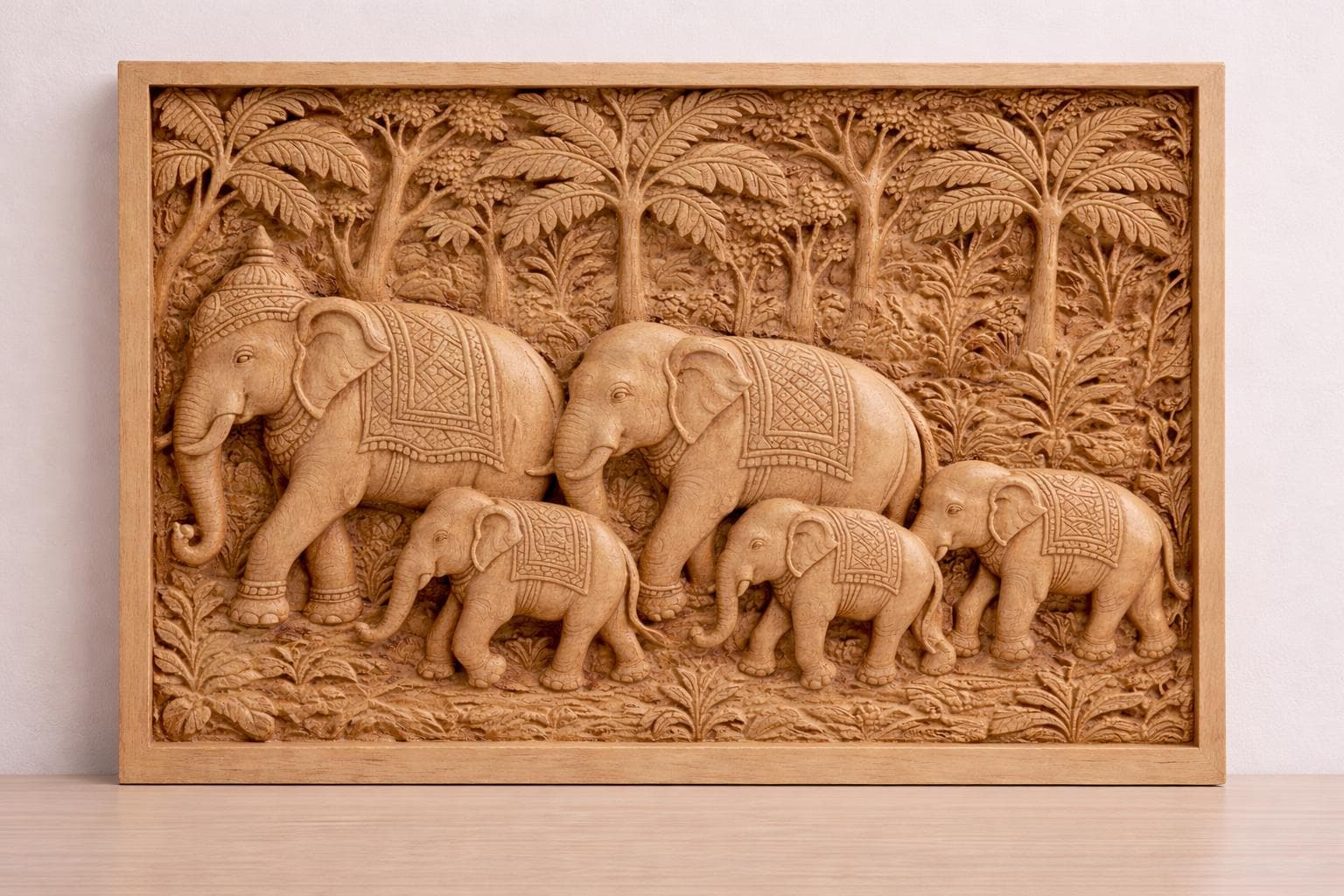 Teak Elephant Parade Wall Panel