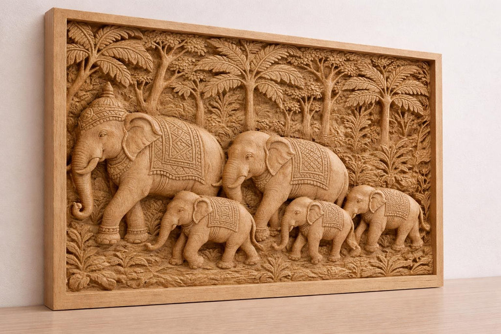 Teak Elephant Parade Wall Panel