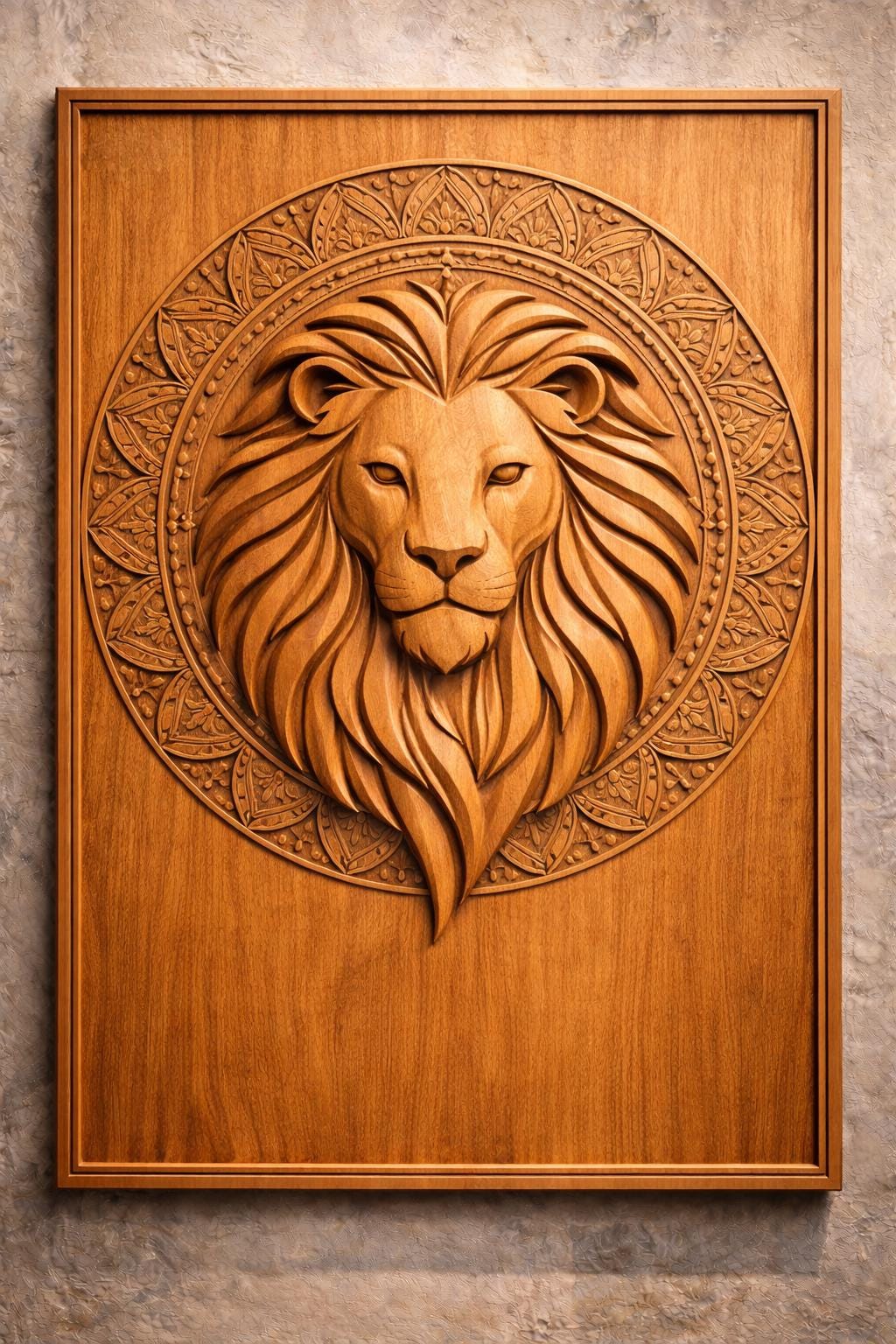 Boho Lion Wooden Wall Art Panel | Hand Carved Teak Wood Lion Head | Spiritual Bohemian Home Decor | Statement Wall Hanging
