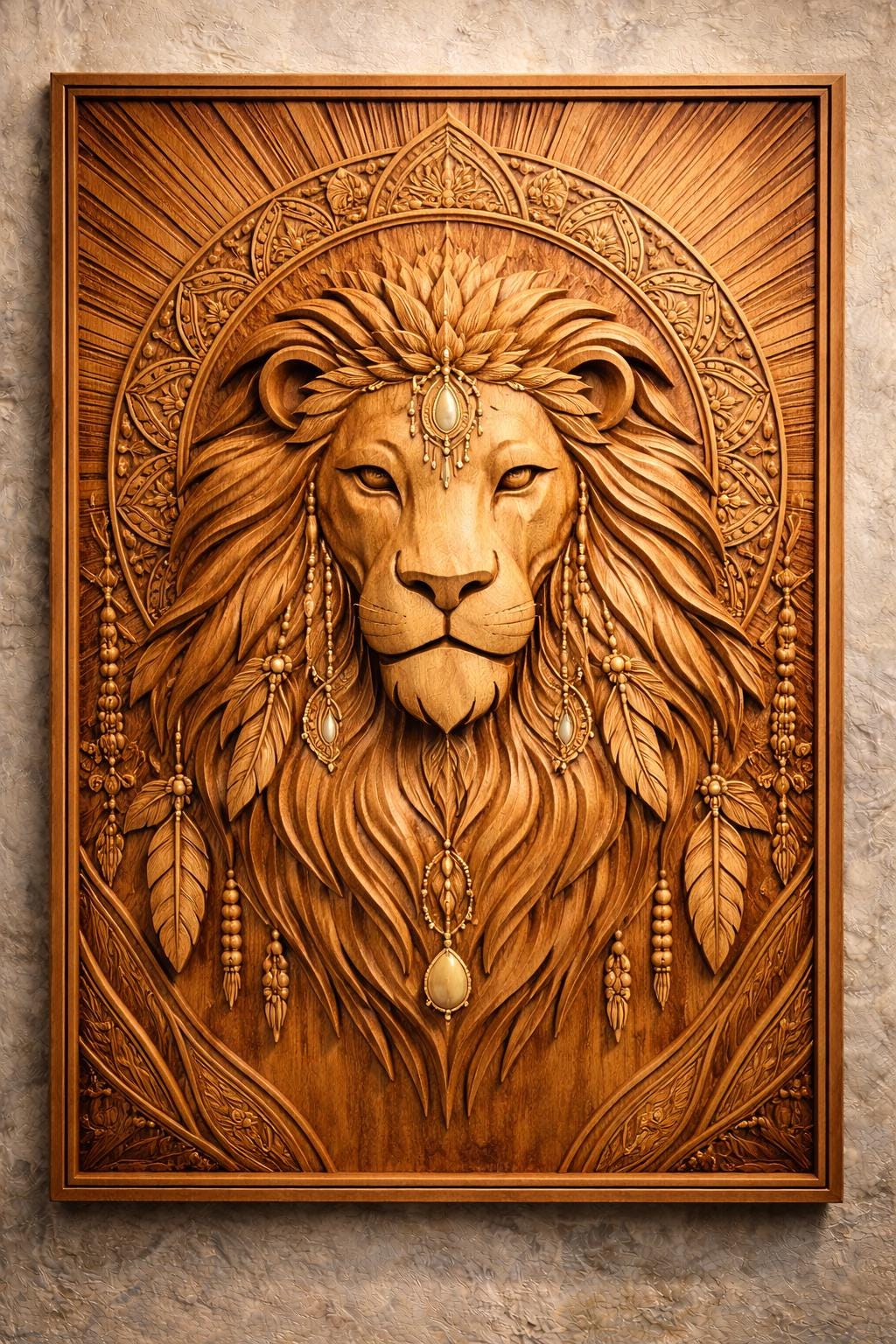 Boho Lion Wall Art Panel - Hand Carved Teak