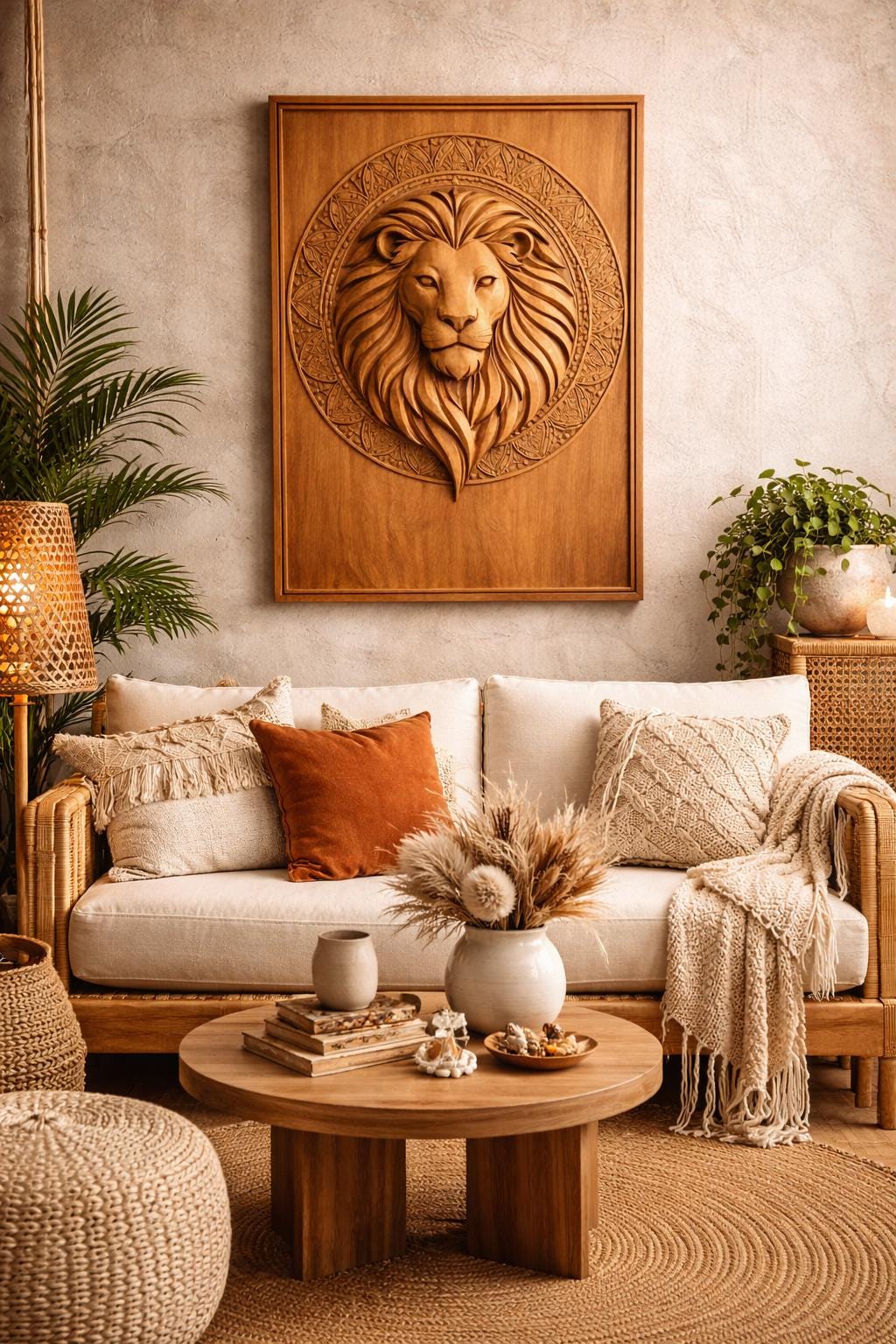 Boho Lion Wall Art Panel - Hand Carved Teak