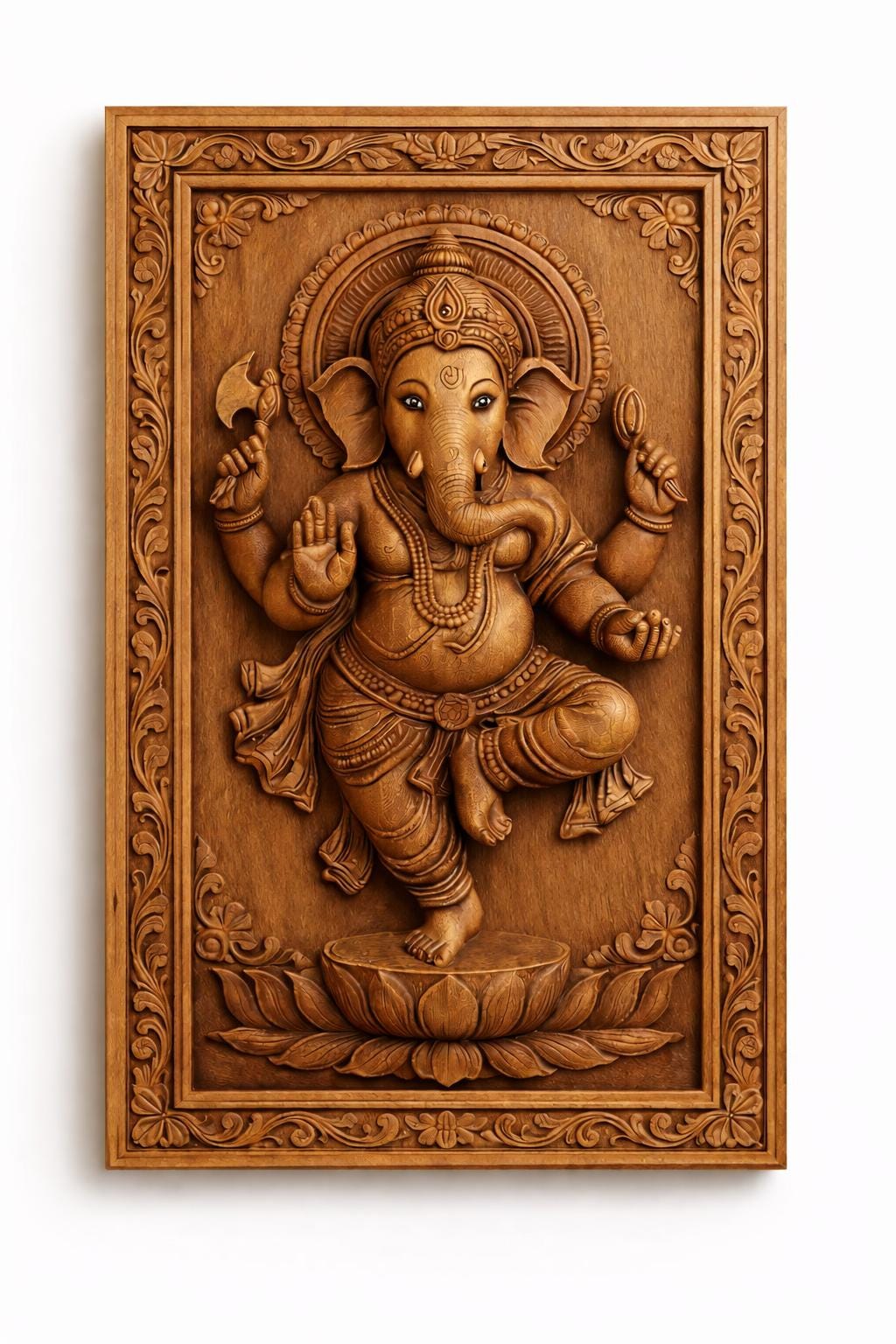 Wooden Ganesha Wall Panel - Dancing Hindu Art Decor