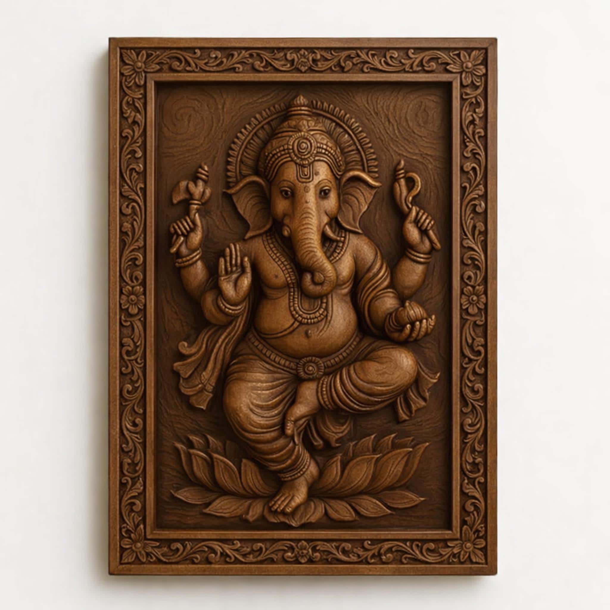 Wooden Ganesha Wall Panel - Dancing Hindu Art Decor