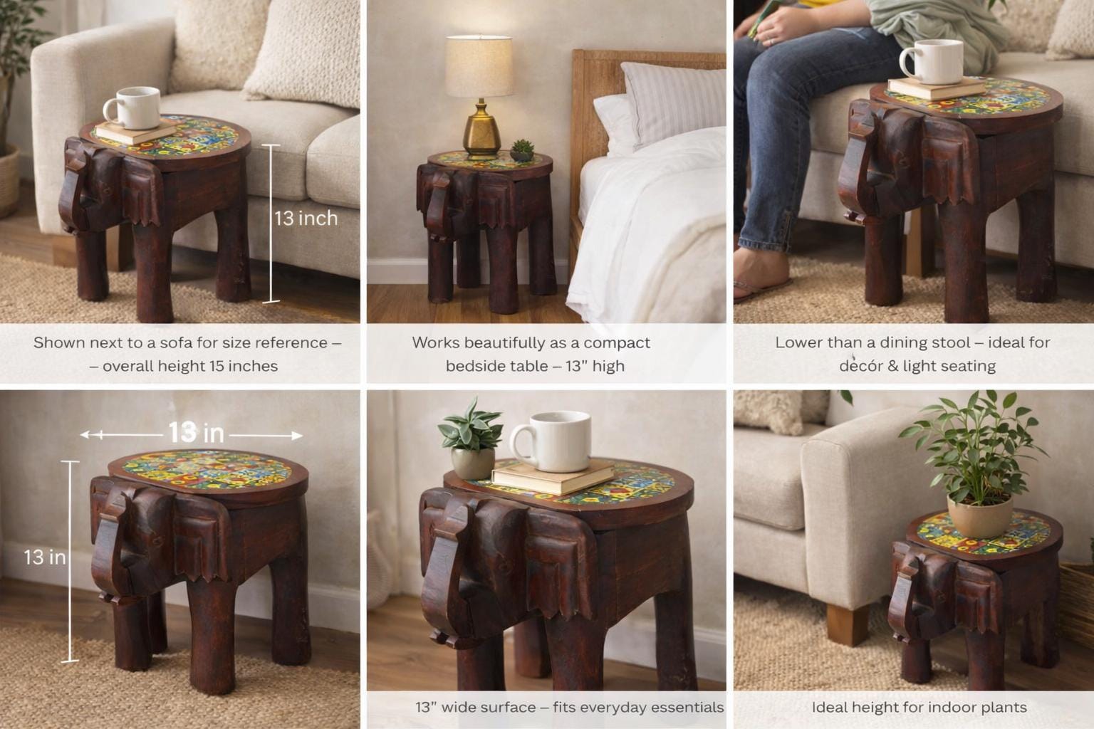 Elephant Side Table - Colorful Tile Top
