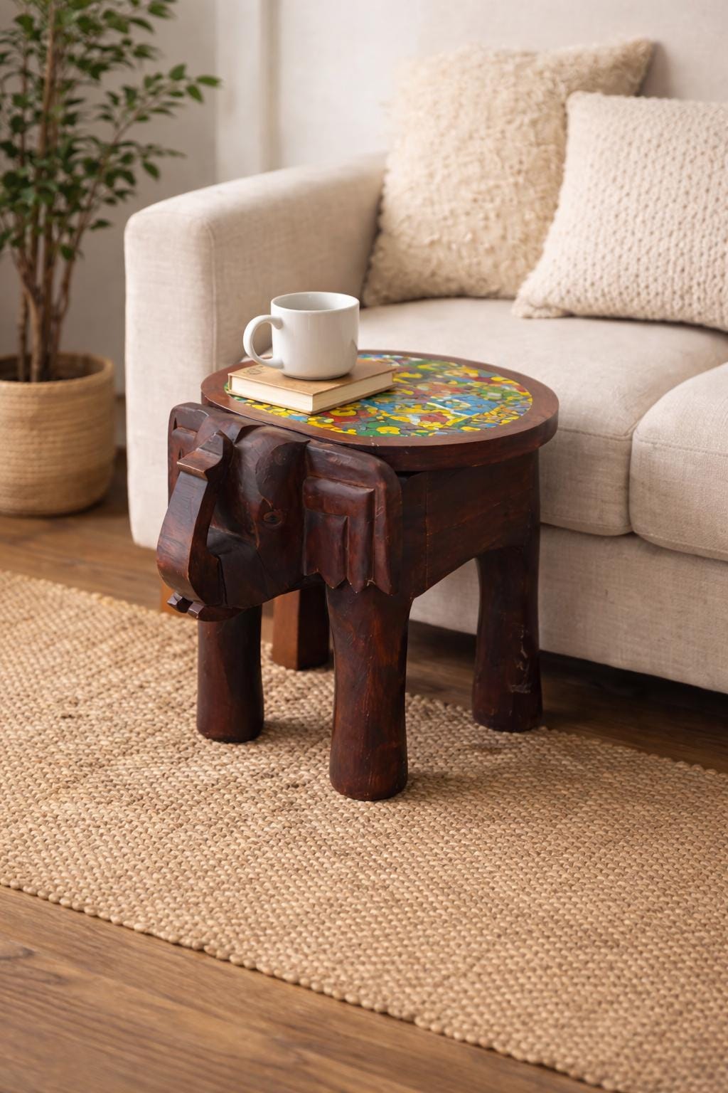 Elephant Side Table - Colorful Tile Top