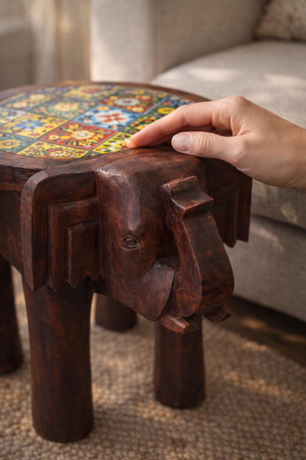 Elephant Side Table - Colorful Tile Top
