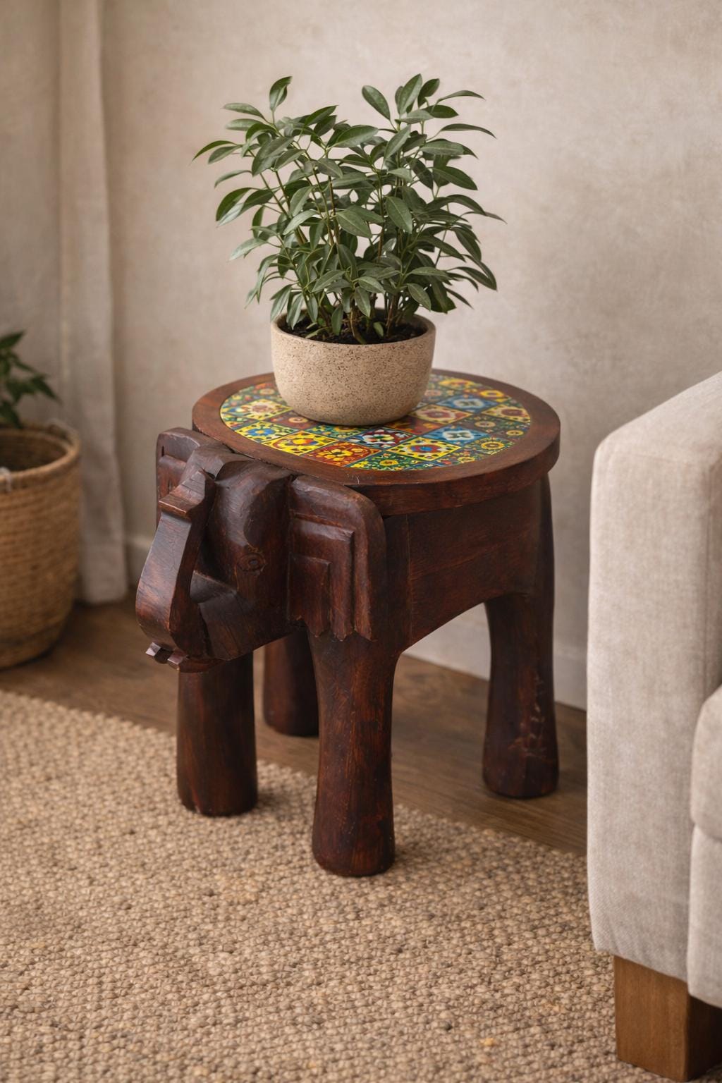 Elephant Side Table - Colorful Tile Top