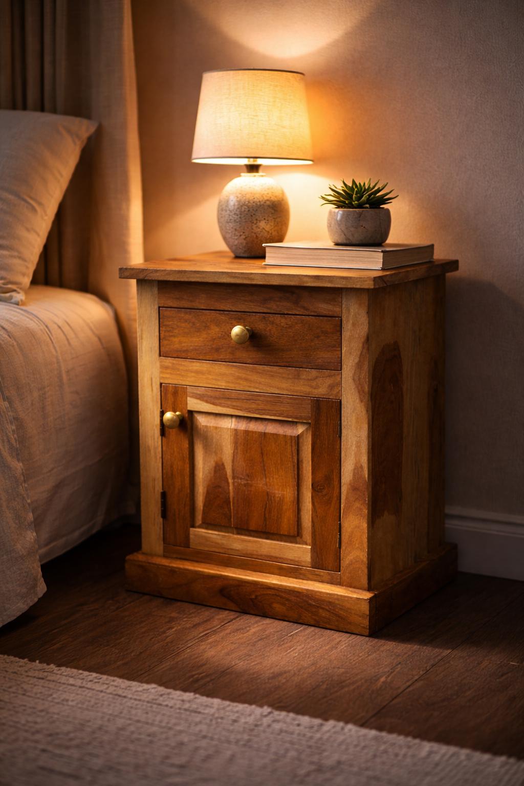 Mango Wood Nightstand - Drawer & Cabinet