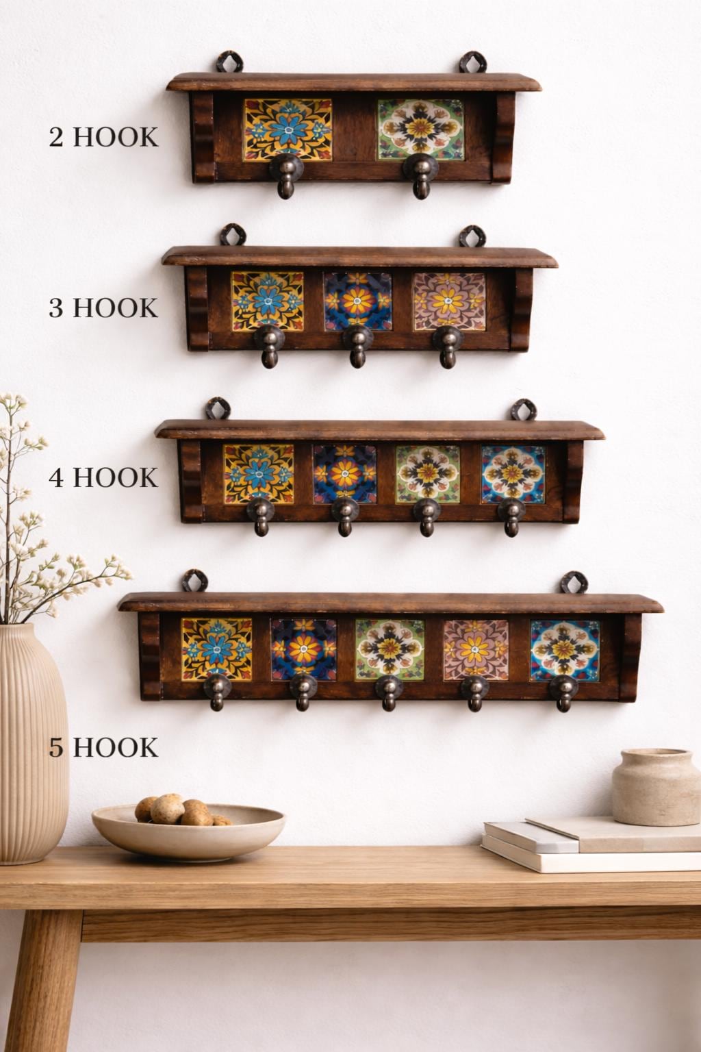 Solid Wood Key Holder - Hand-Painted Tiles