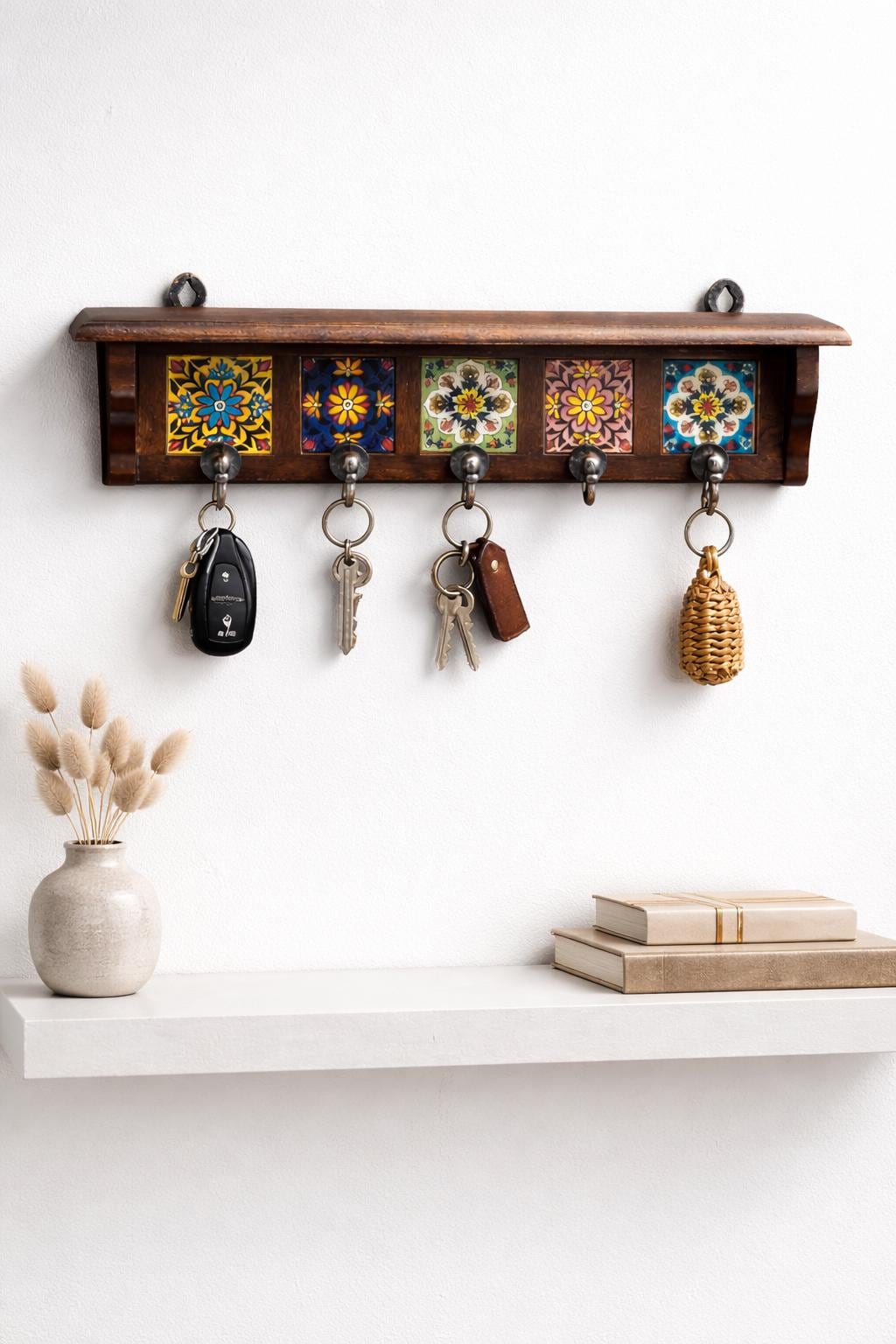 Solid Wood Key Holder - Hand-Painted Tiles