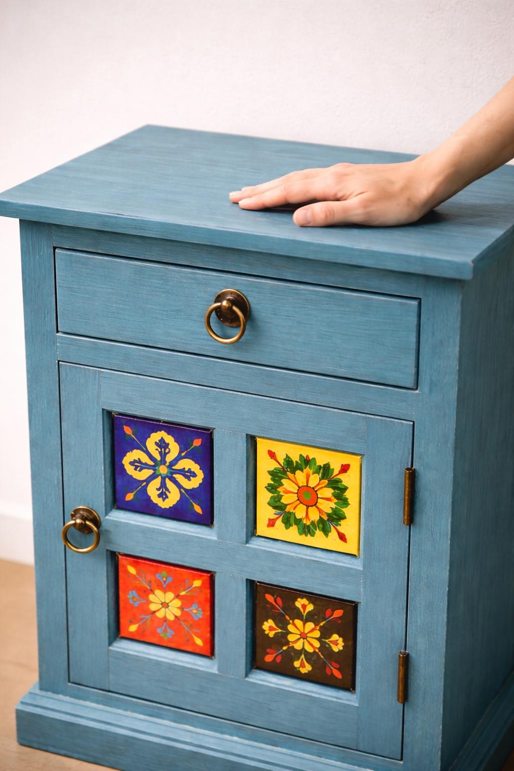 Solid Wood Nightstand - Hand-Painted Tiles