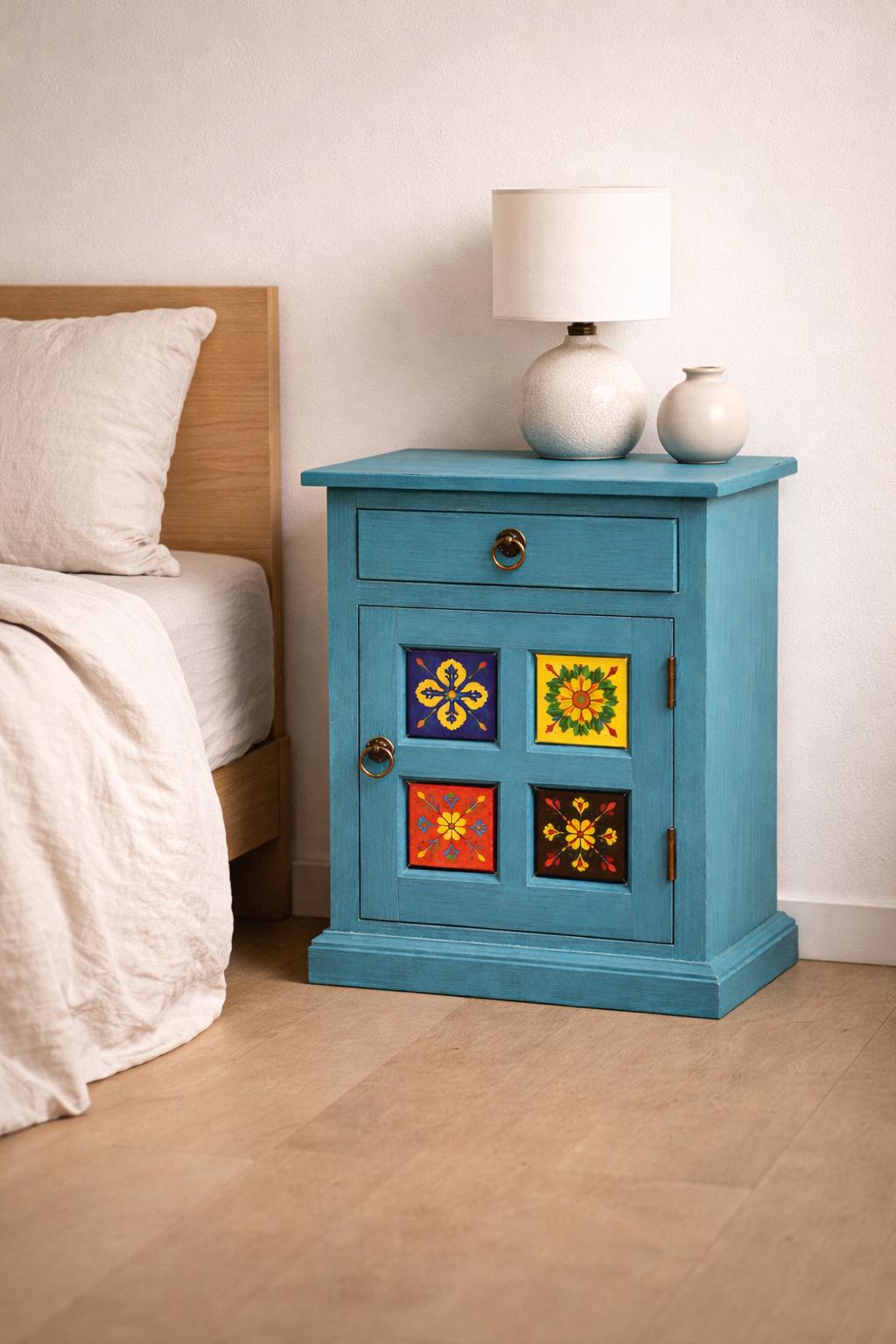 Solid Wood Nightstand - Hand-Painted Tiles