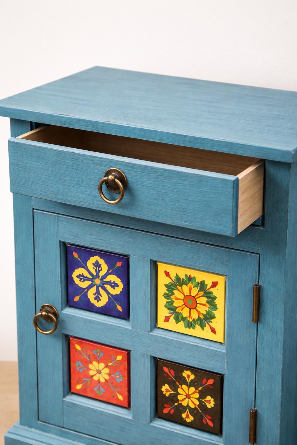 Solid Wood Nightstand - Hand-Painted Tiles