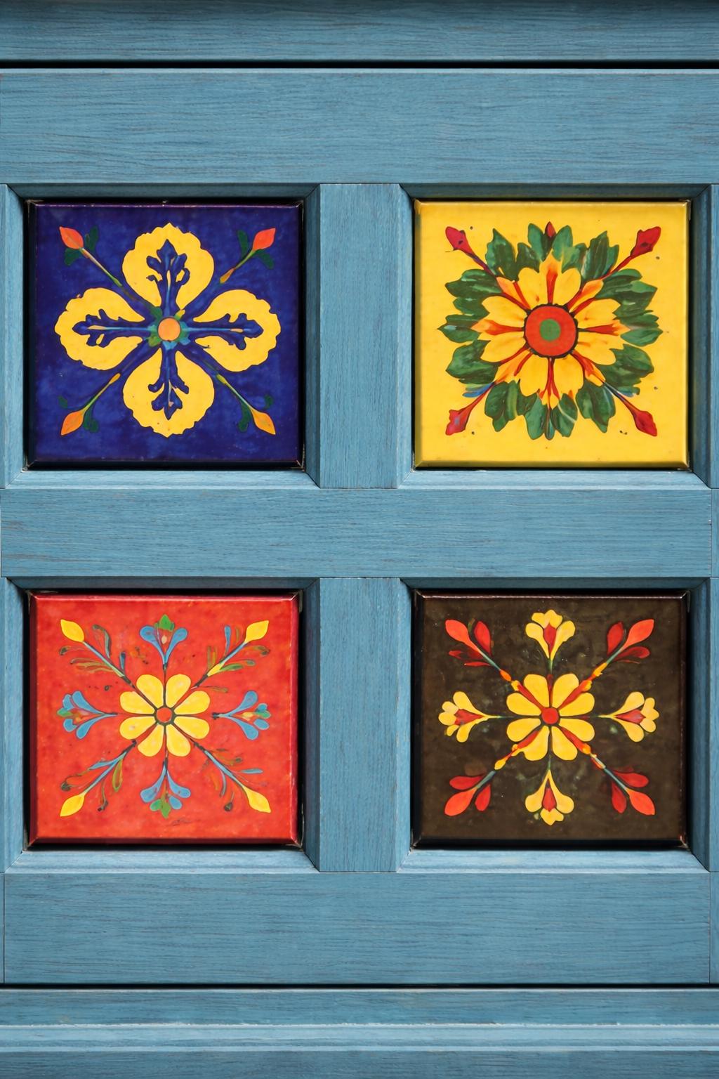 Solid Wood Nightstand - Hand-Painted Tiles