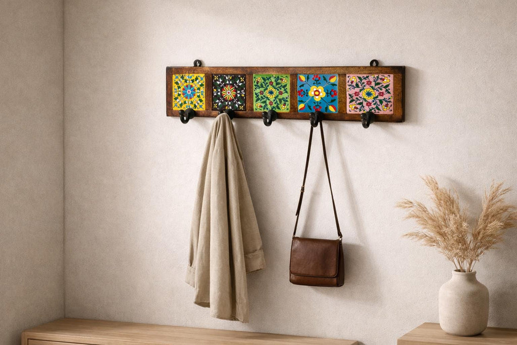 Hand-Painted Ceramic Wall Hook - 5 Hook Key Rack