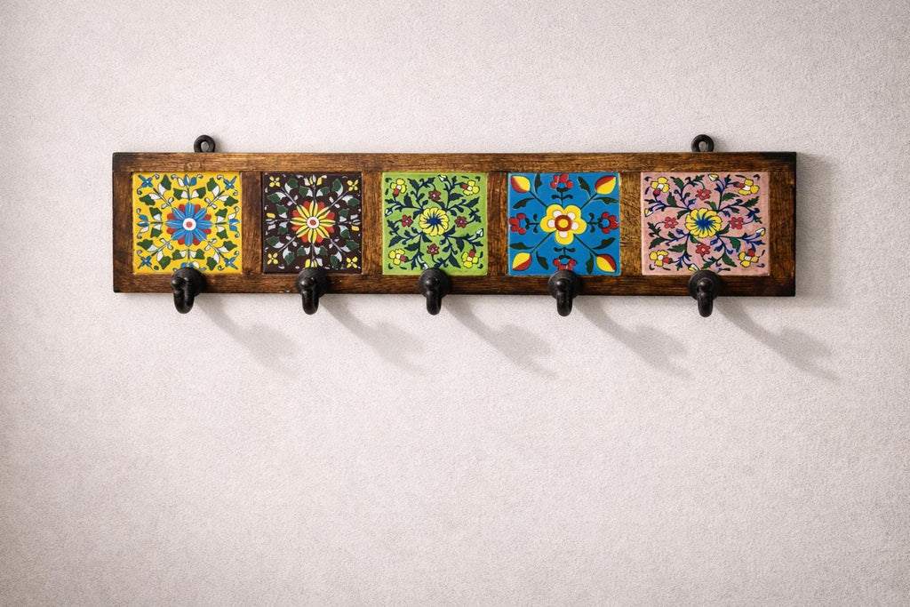 Hand-Painted Ceramic Wall Hook - 5 Hook Key Rack