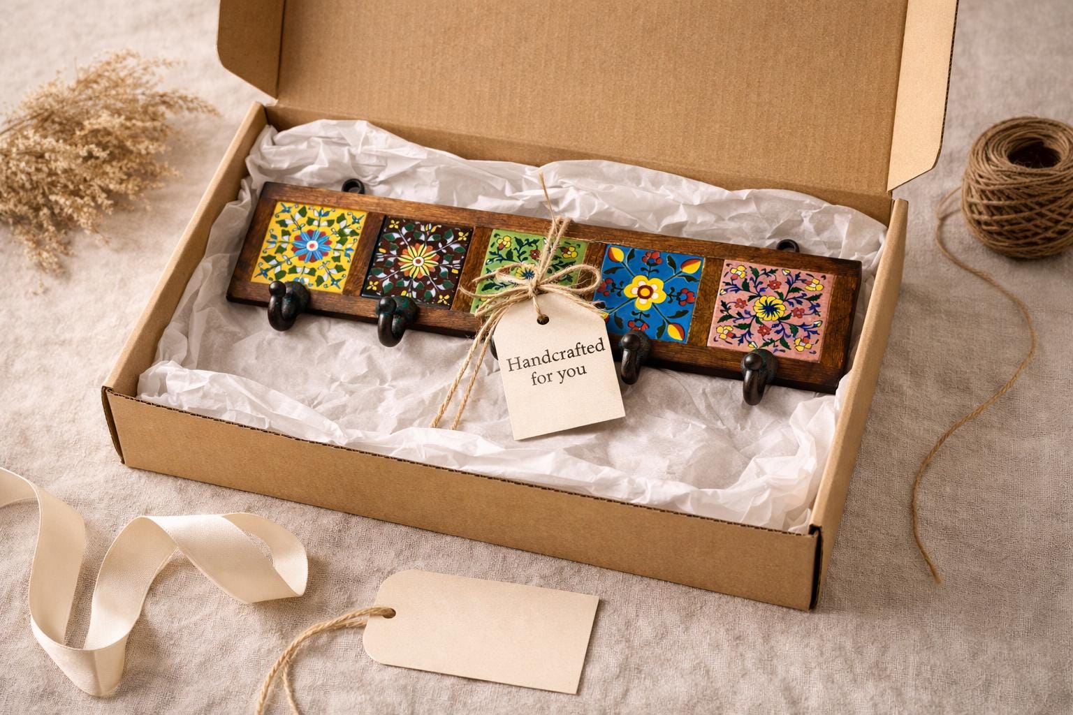 Hand-Painted Ceramic Wall Hook - 5 Hook Key Rack