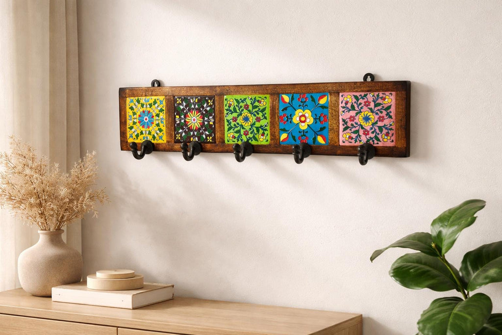 Hand-Painted Ceramic Wall Hook - 5 Hook Key Rack
